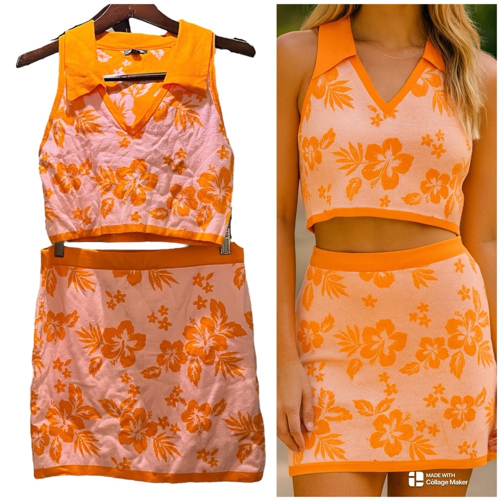 Wild Fable Orange Floral Crop Top & Skirt Set Summer 2-Piece Outfit Large